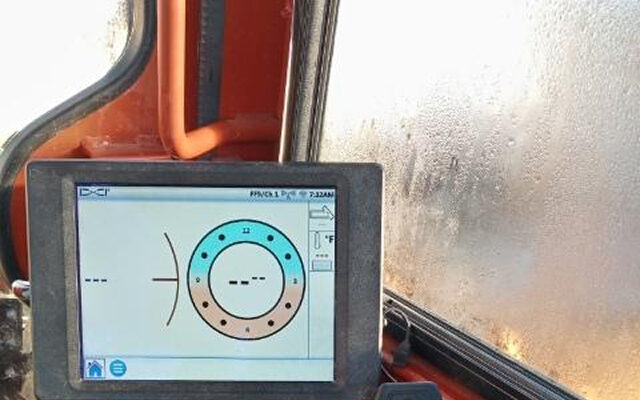 Vehicle control panel, gauges, joystick, round display, condensation.