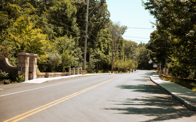 Curving two-lane road with trees, stone railings, sidewalk, clear sky.