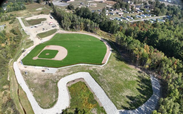 Aerial shot of a baseball field amid trees and buildings.